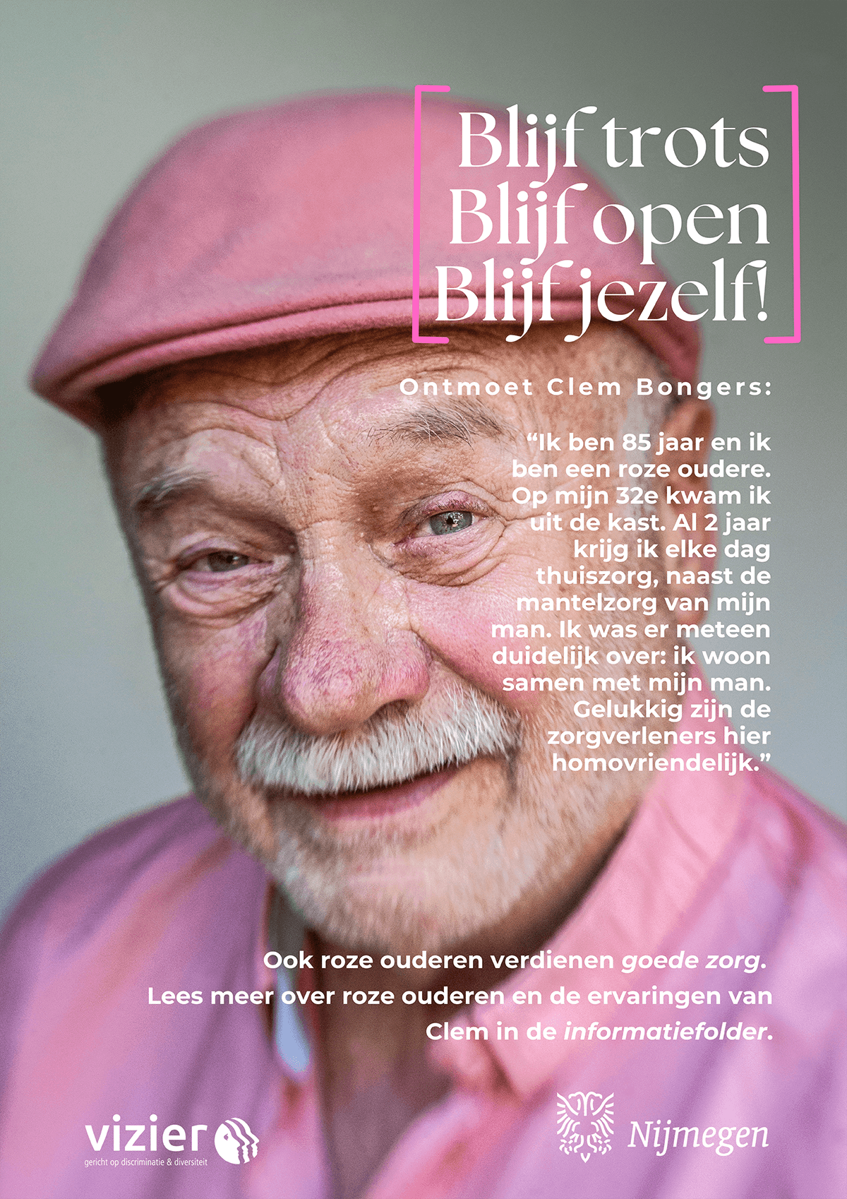 Folder van gemeente Arnhem en Vizier over roze ouderen met ambassadeur Clem Bongers